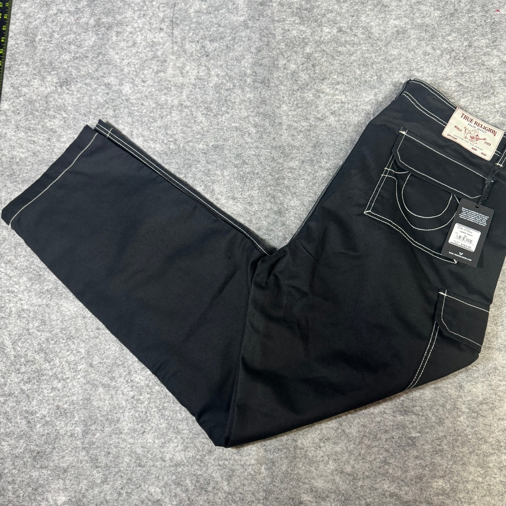 True Religion Mens Jet Black Contrast Stitch Cargo Pants 108335 Size 34 NEW